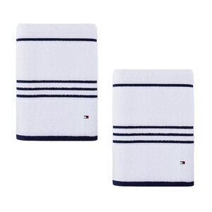2 new Tommy Hilfiger American 90% Cotton BATH Towels = WHITE with BLACK STRIPES